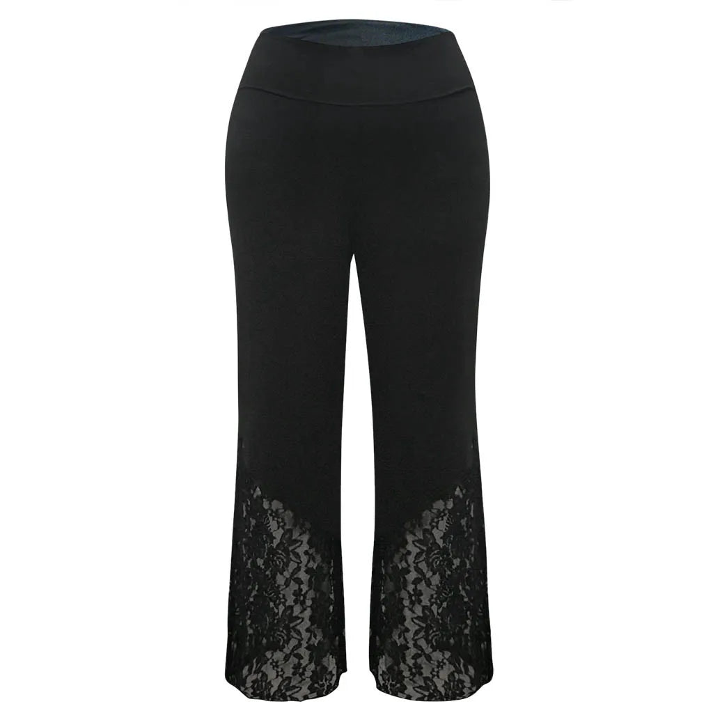 Women's plus-size lace wide-leg lounge pants with a high-waist. Perfect for comfortable, relaxed everyday wear.