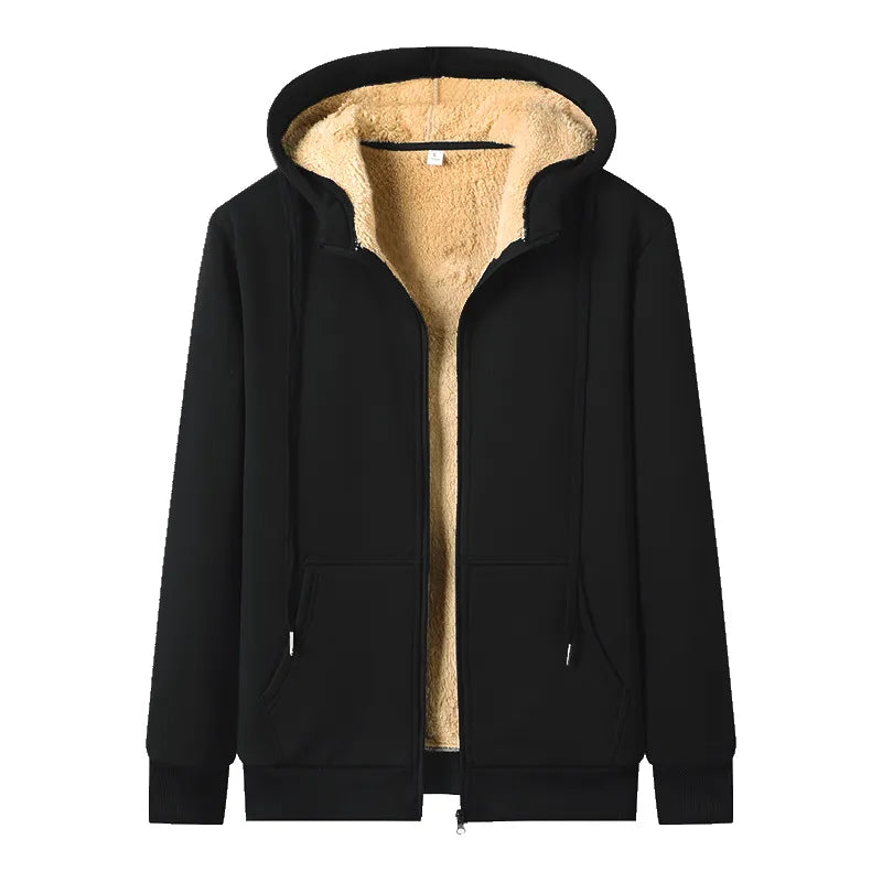 Cozy plus-size women's fleece fashion hoodie. Stylish oversized winter jacket for cold weather.