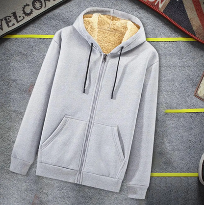 Plus-size women's cozy hooded fleece jacket. A warm winter fashion hoodie for cold weather comfort.