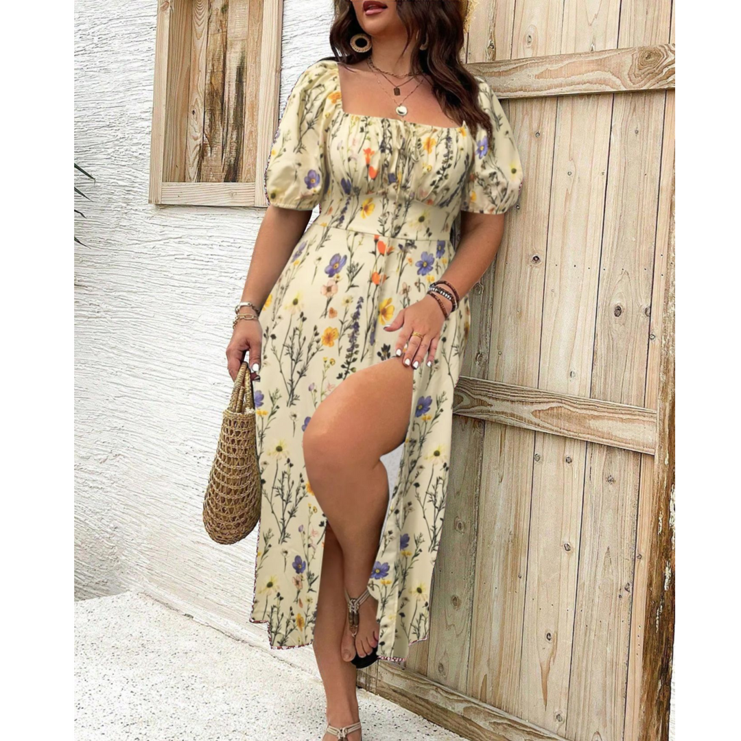 Stunning plus size puff sleeve maxi dress, an elegant choice for women's special occasion wear.