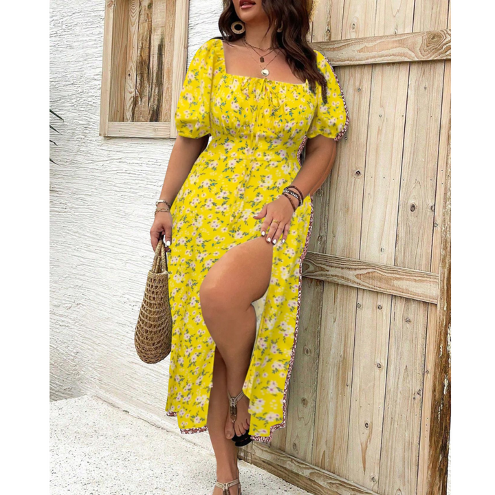 Women's plus size long dress with elegant puff sleeves, a perfect maxi for curvy women.