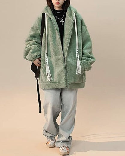 Oversized plus size women's fleece jacket, comfy full zip outerwear for cozy fall layering.