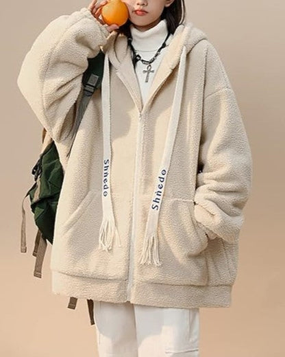 Back view of a plus size women's fleece jacket, offering warm, comfortable fall outerwear.