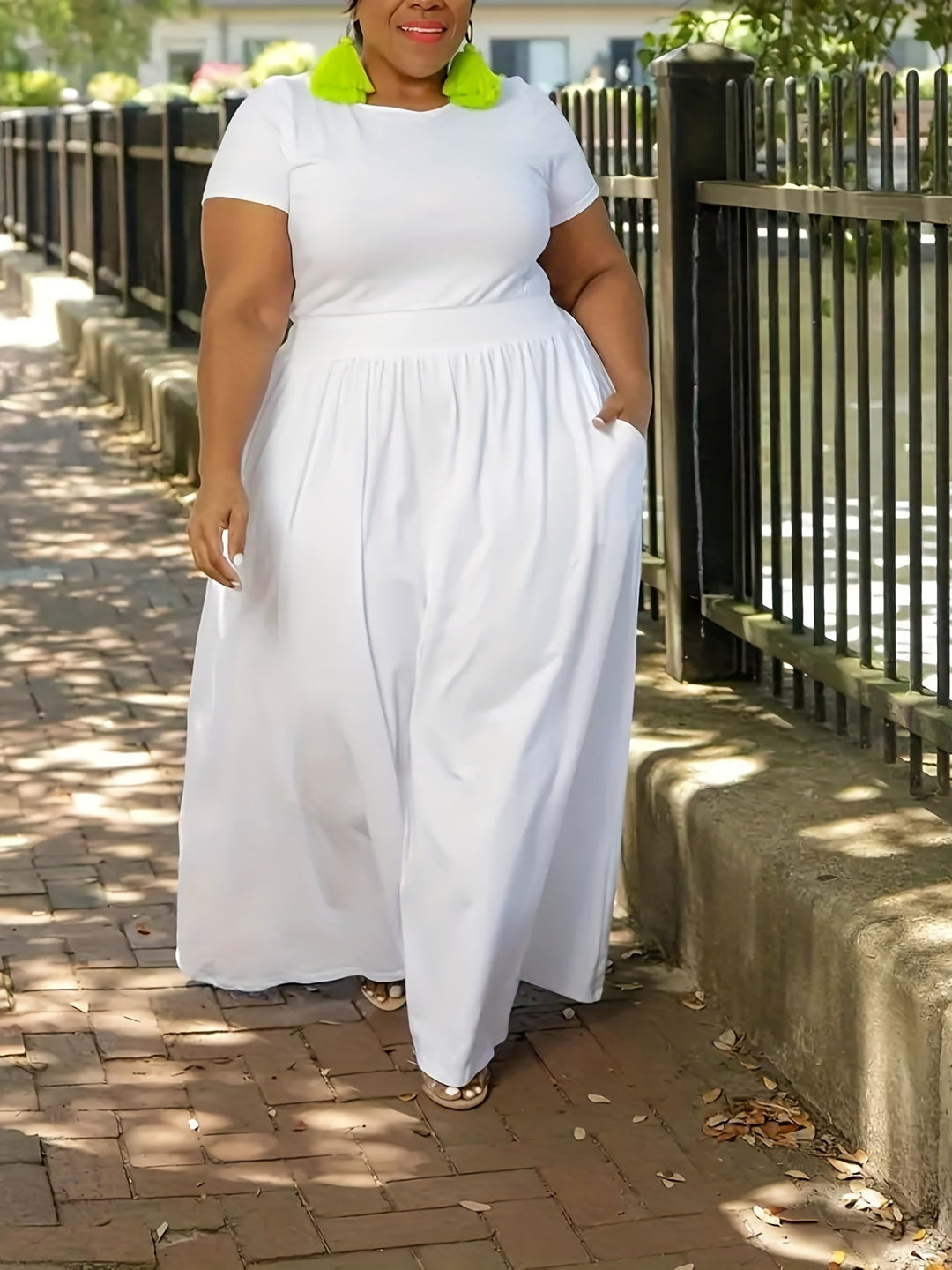 Plus size women's flowy maxi dress, short sleeve, comfortable summer casual wear.