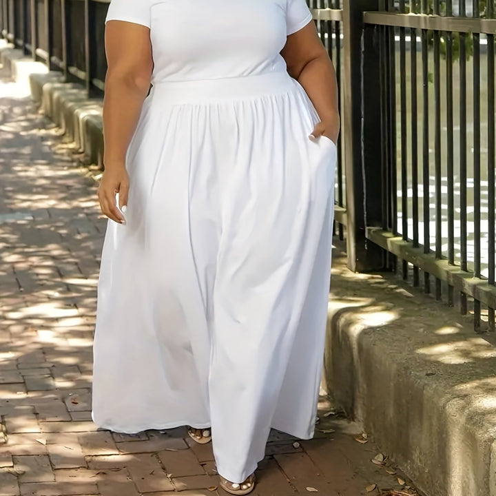 Women's plus size flowy maxi dress, short sleeve, comfortable & chic for party occasions.