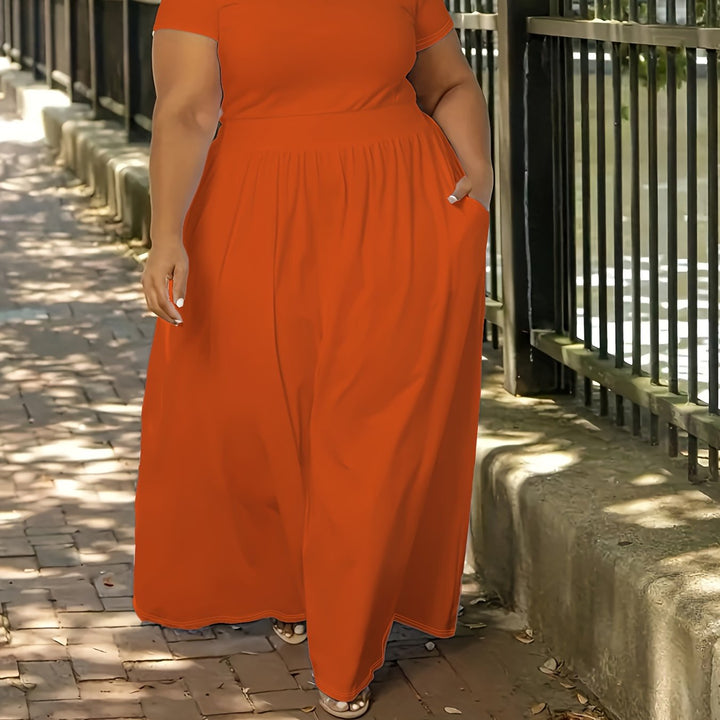 Elegant short sleeve plus size maxi dress, flowy for women's everyday comfort & style.