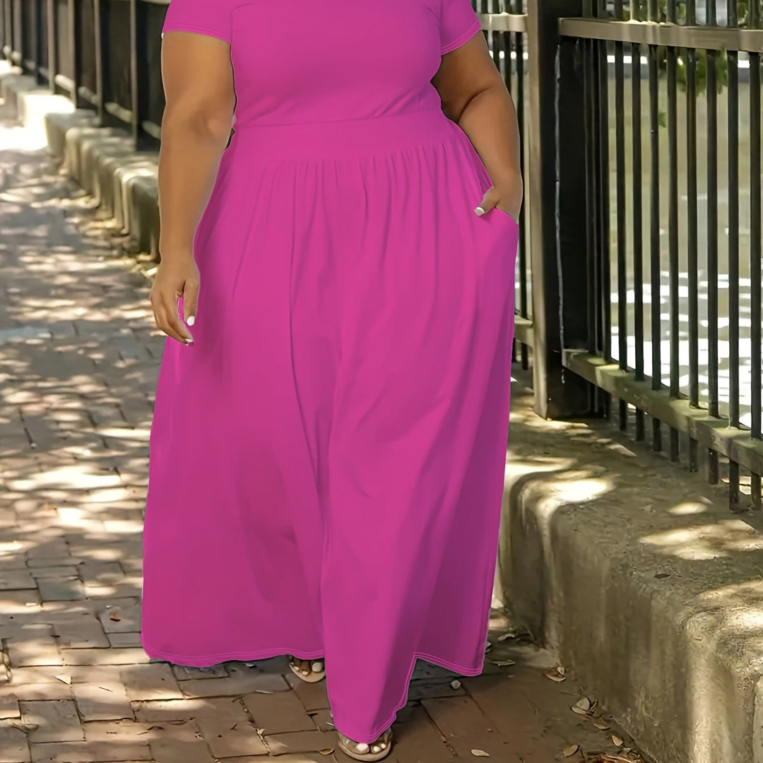 Women's plus size summer maxi dress, short sleeve, flowy, with pockets, casual fashion.