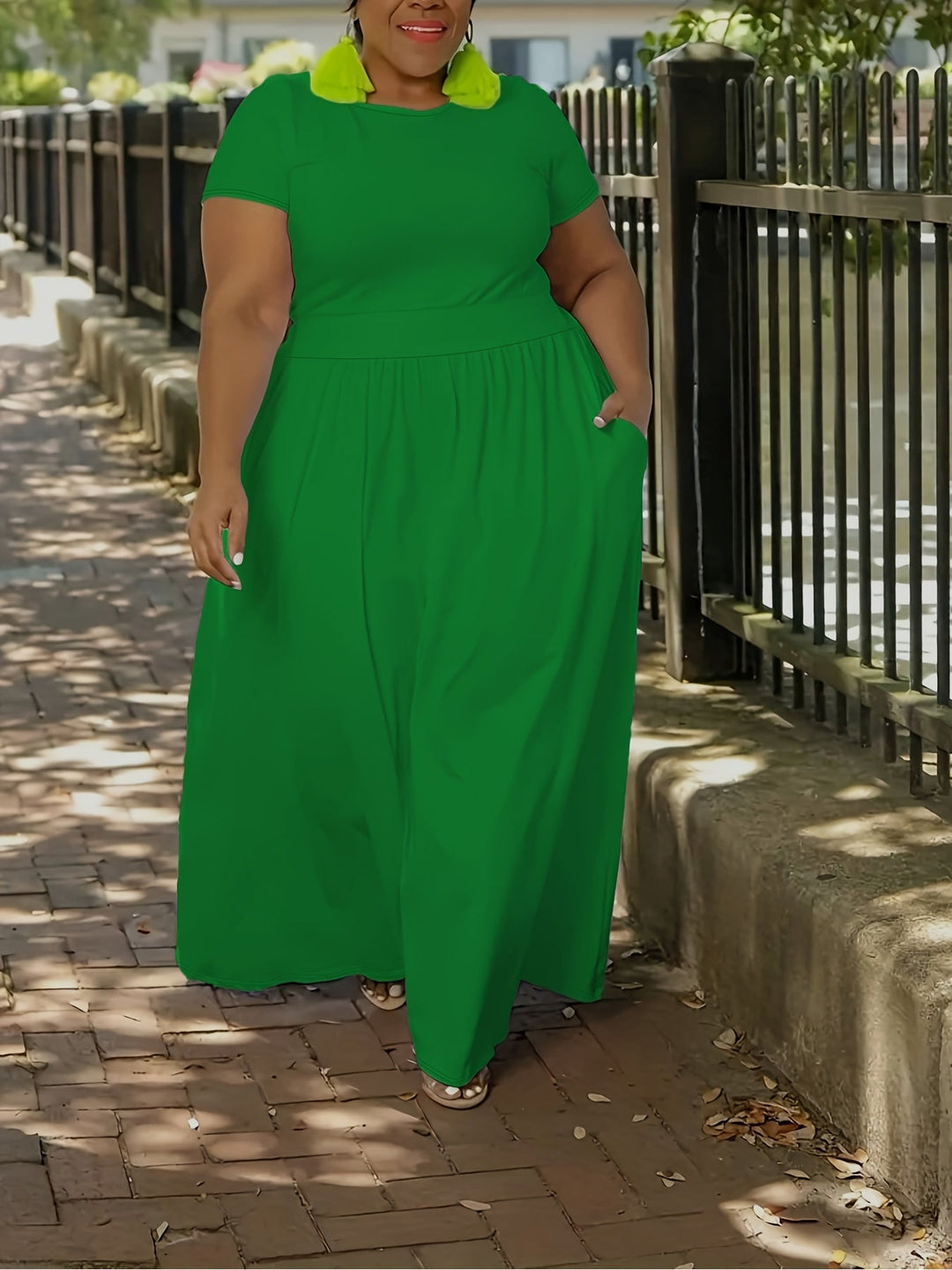 Elegant plus size short sleeve maxi dress for women, flowy fabric, everyday comfort.