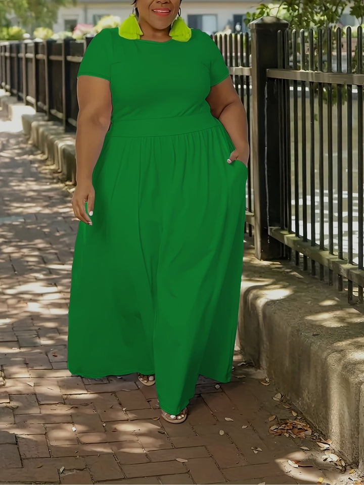Elegant plus size short sleeve maxi dress for women, flowy fabric, everyday comfort.