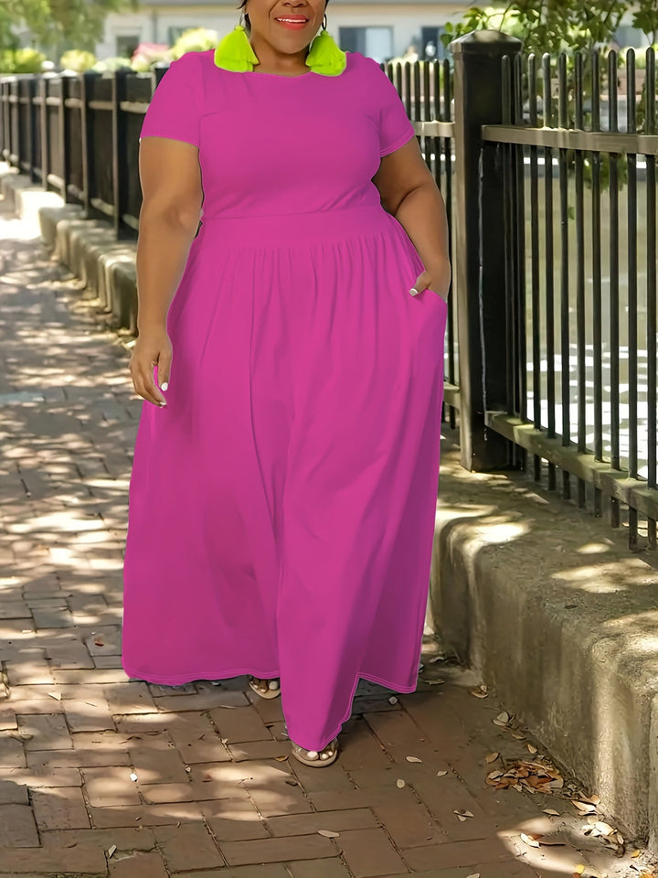 Comfortable flowy plus size maxi dress, short sleeves, ideal for elegant party wear.
