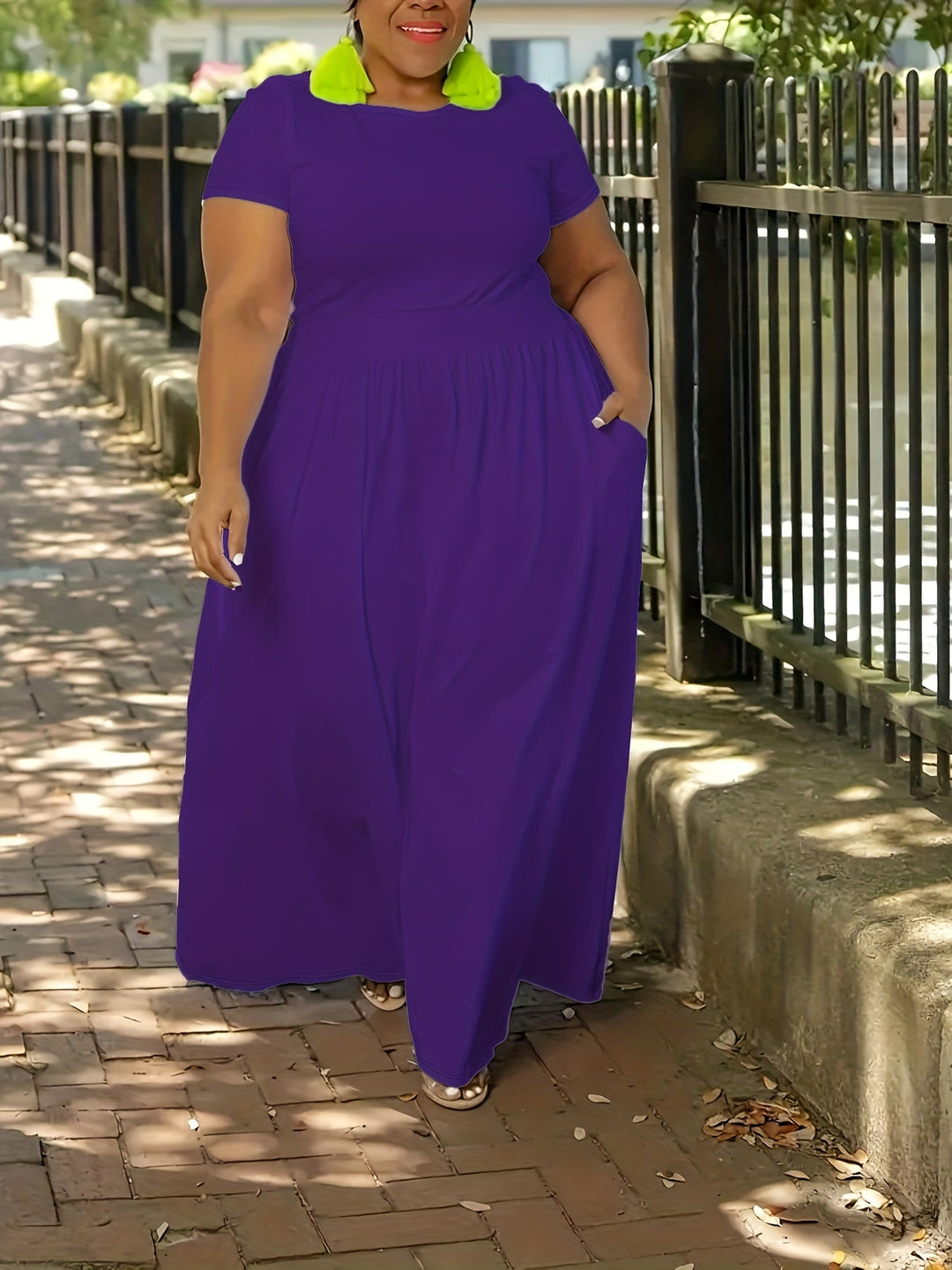 Plus size women's summer maxi dress, short sleeve, flowy design for everyday elegance.