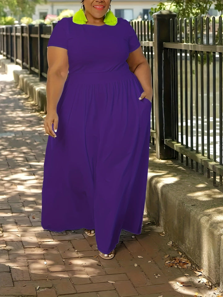 Plus size women's summer maxi dress, short sleeve, flowy design for everyday elegance.
