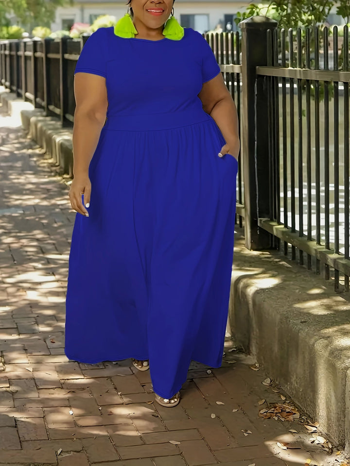 Casual short sleeve plus size maxi dress for women, flowy and comfortable, with pockets.