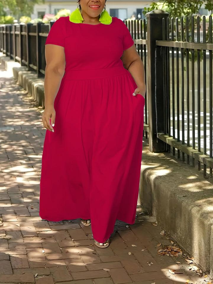 Summer plus size short sleeve maxi dress for women, flowy style, elegant & casual.