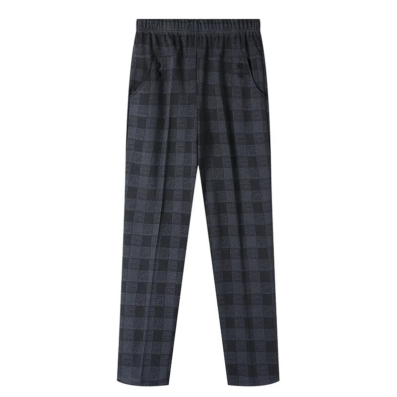 Warm black lattice fleece trousers for plus size women, ideal for winter casual wear.