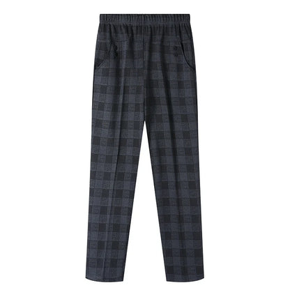 Warm black lattice fleece trousers for plus size women, ideal for winter casual wear.