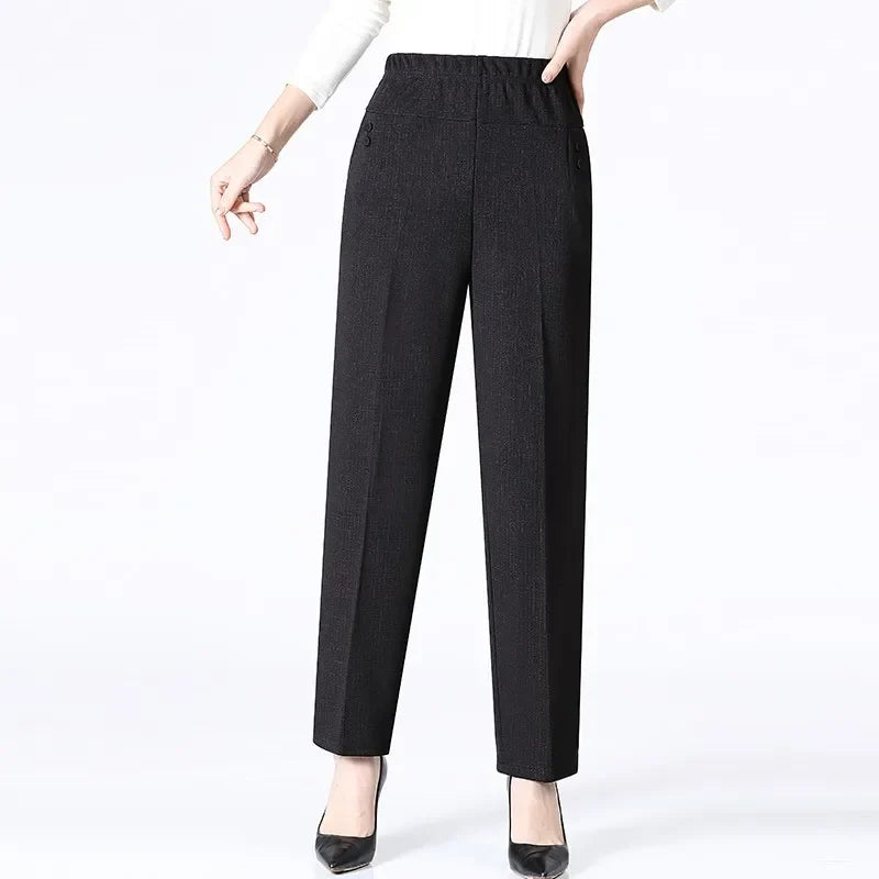 Winter-ready plus size black fleece trousers with lattice detail and flexible waist for women.
