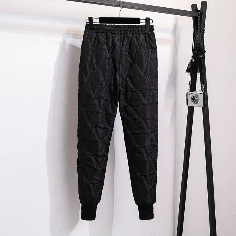 Back view of women's thermal comfort pants, plus size design with flattering fit for winter.