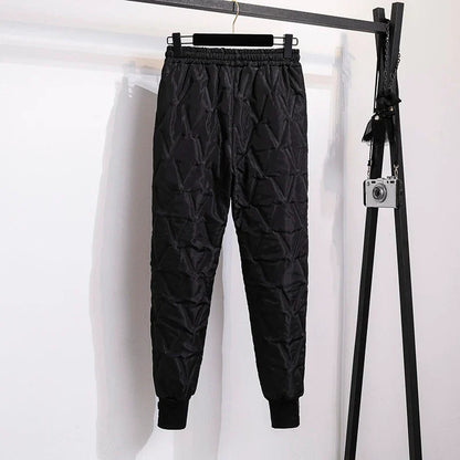 Back view of women's thermal comfort pants, plus size design with flattering fit for winter.