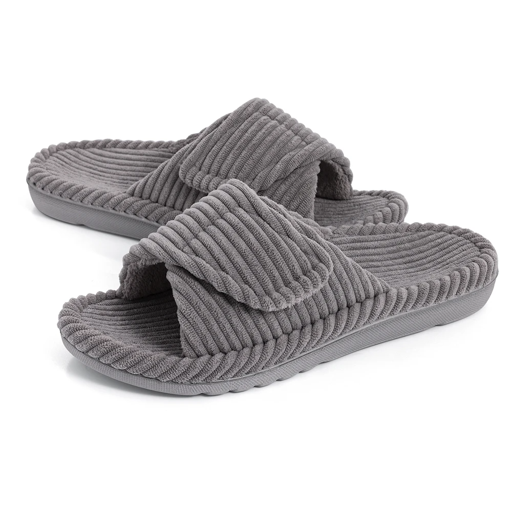 Side view: Women's plush adjustable comfort slides, offering cushioned support for indoor-outdoor wear.