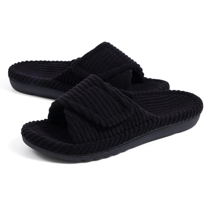 Stylish women's plush comfort slides, adjustable for a cozy fit, perfect for indoor & outdoor activities.