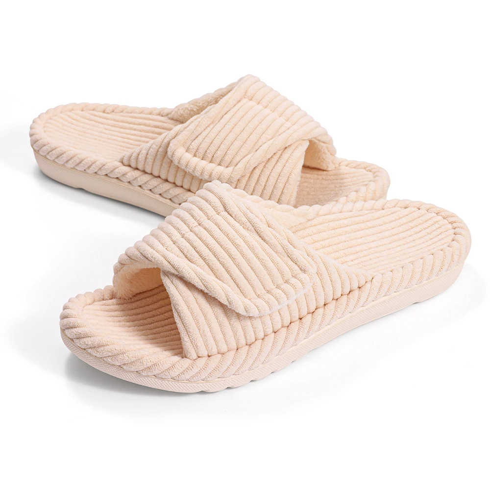 Front view of women's ergonomic plush slides, adjustable for perfect indoor-outdoor comfort & support.