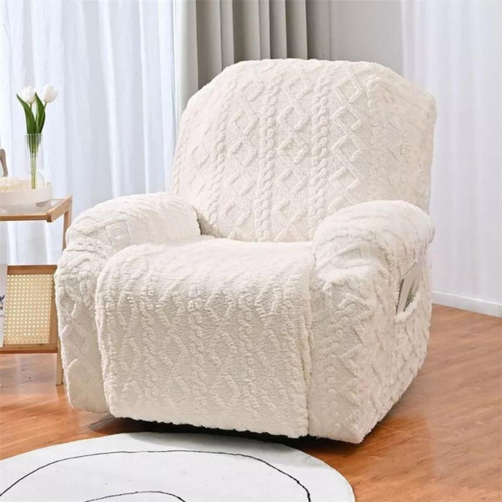 Cozy cable knit jacquard recliner slipcover, a warm furniture protector for living room comfort and autumn decor.