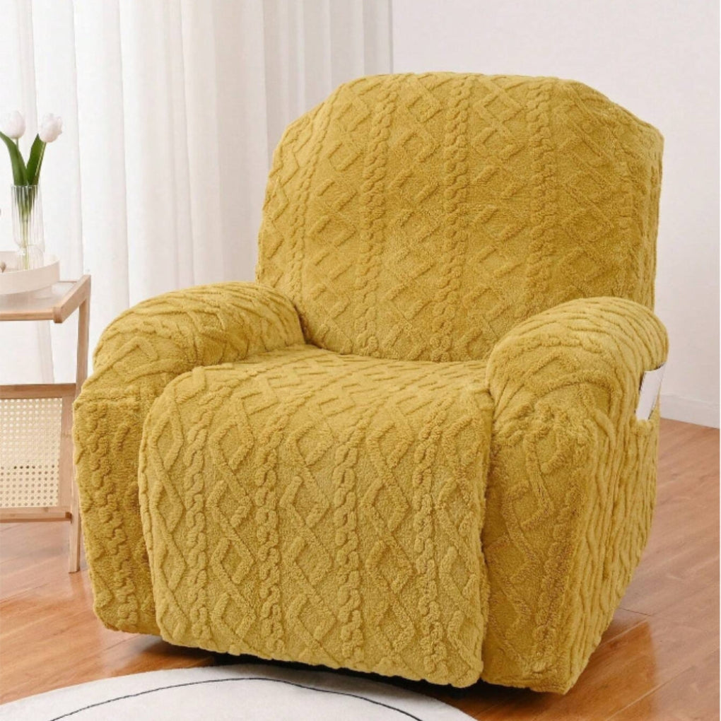 Comfortable cable knit jacquard recliner cover, a plush slipcover protecting furniture. Ideal for cozy home decor.