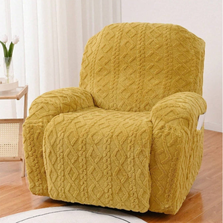 Comfortable cable knit jacquard recliner cover, a plush slipcover protecting furniture. Ideal for cozy home decor.