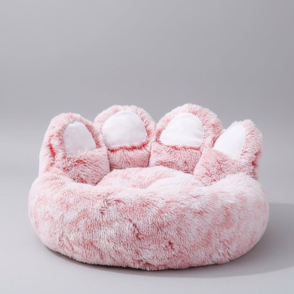 Happy dog relaxing in a plush calming sofa bed, featuring a removable, machine-washable cover for easy cleaning.