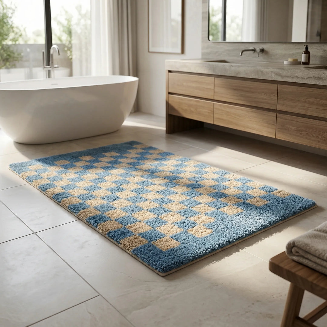 Plush checkered bath mat, soft and non-slip, providing comfort for your bathroom floor.