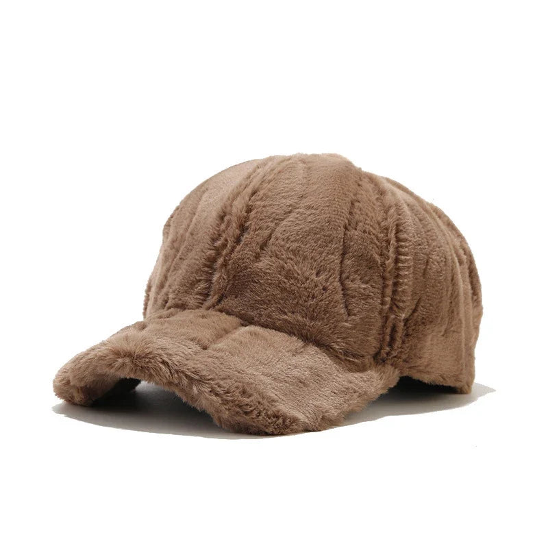Adjustable women's plush faux fur cap, comfortable and warm winter accessory.