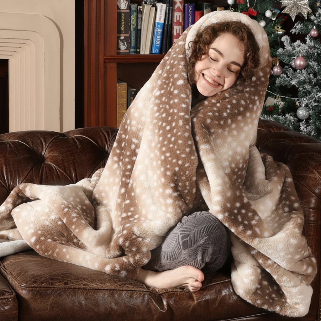Luxurious faux fur deer print throw blanket, super soft & plush. Perfect for rustic home decor in bedroom/living room.