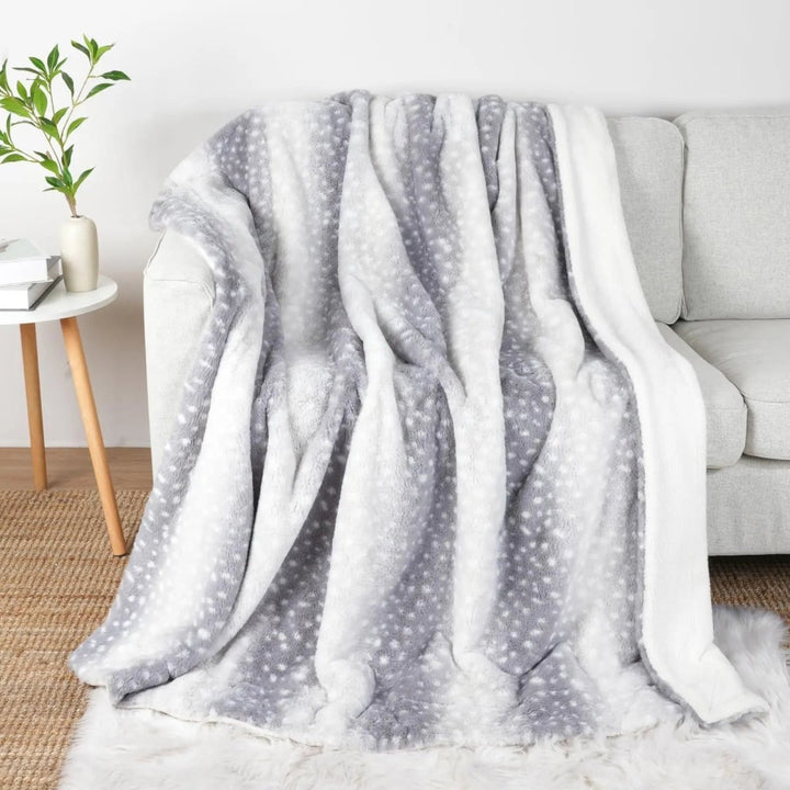 Plush reversible faux fur deer blanket. Cozy throw for winter warmth & elegant rustic home decor in living room/bedroom.