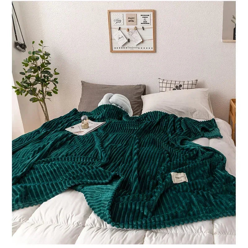 Plush flannel autumn blanket in a warm solid color, perfect for cozy home comfort & bedroom decor. Soft large throw.