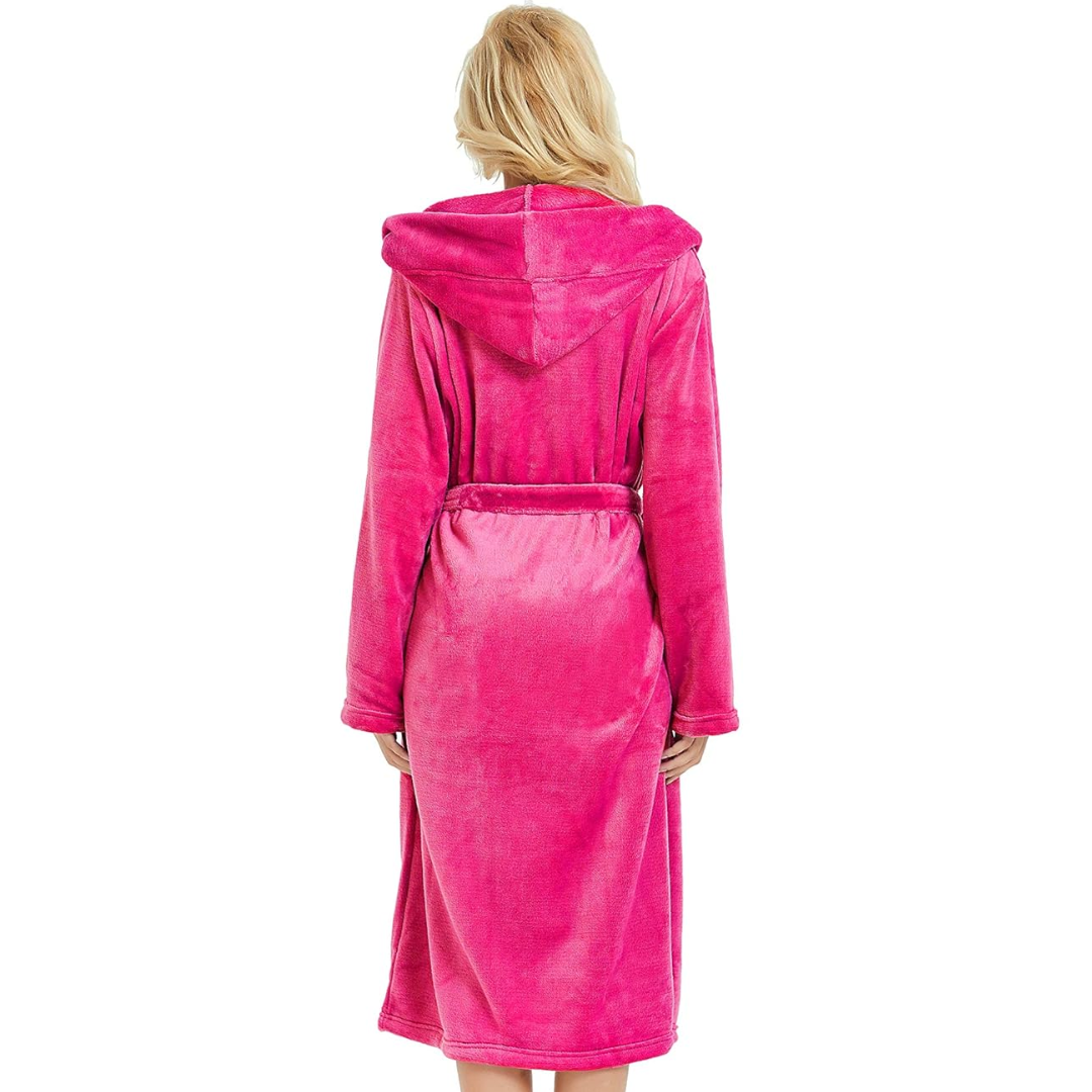 Women's winter bathrobe: long plush fleece with hood, providing warmth and luxury.