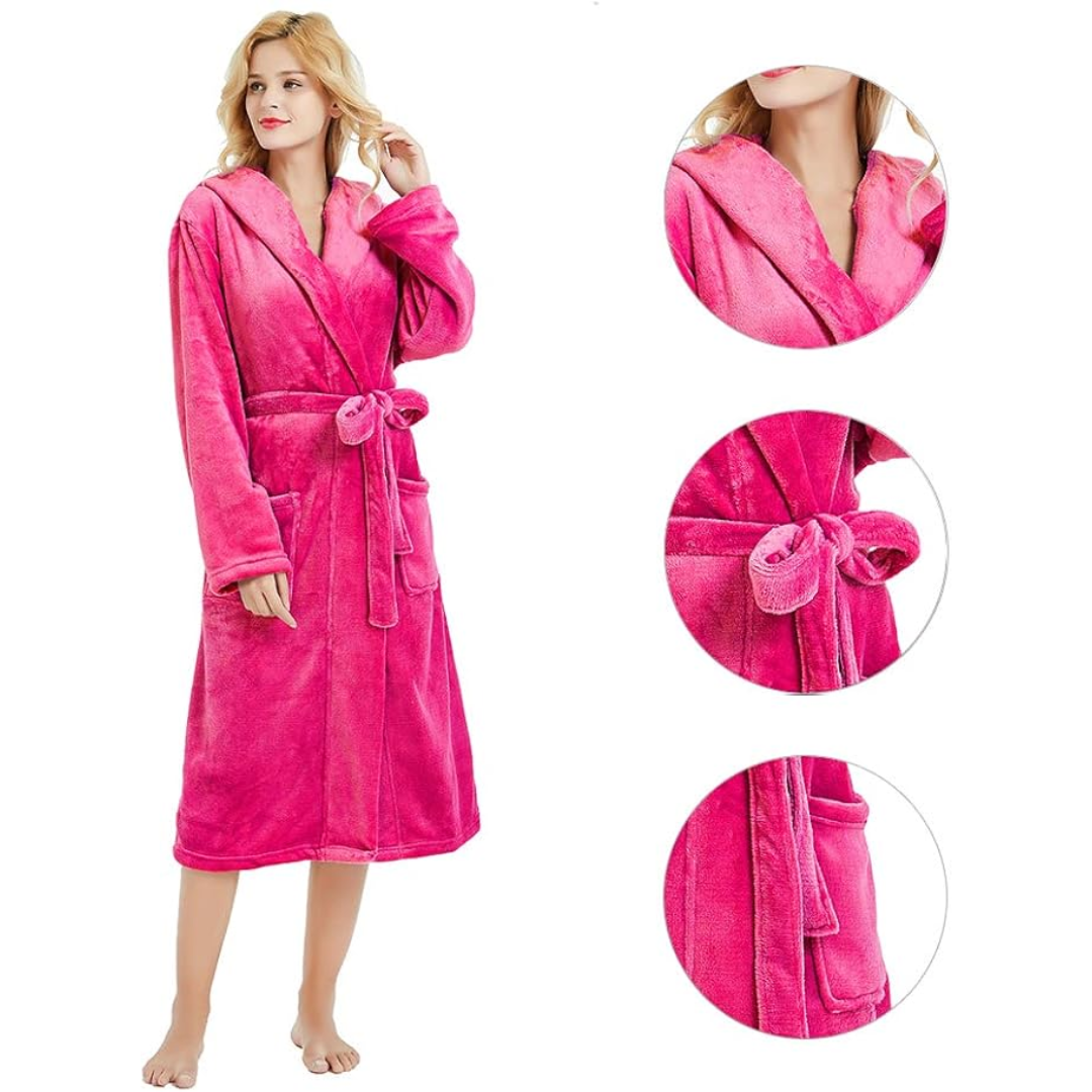 Velvety soft women's hooded bathrobe, a comfortable plush fleece loungewear essential.