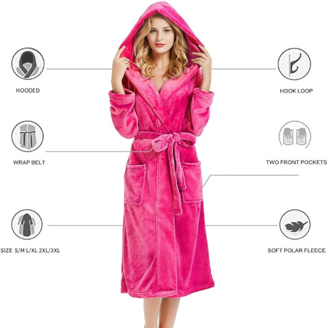 Indulgent women's long hooded fleece robe, designed for cozy relaxation and ultimate comfort.