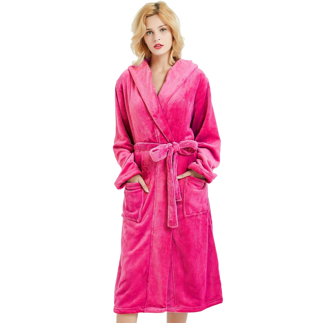 Plush fleece hooded bathrobe for women, a warm and soft loungewear staple.