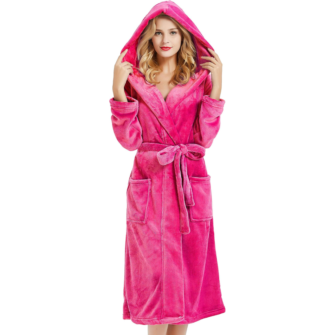 Soft plush women's bathrobe with hood, ideal cozy loungewear or gift for her.