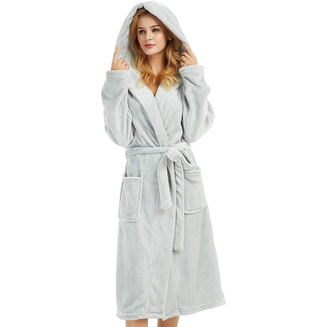 Comfortable women's plush fleece hooded robe, great for unwinding after a long day.