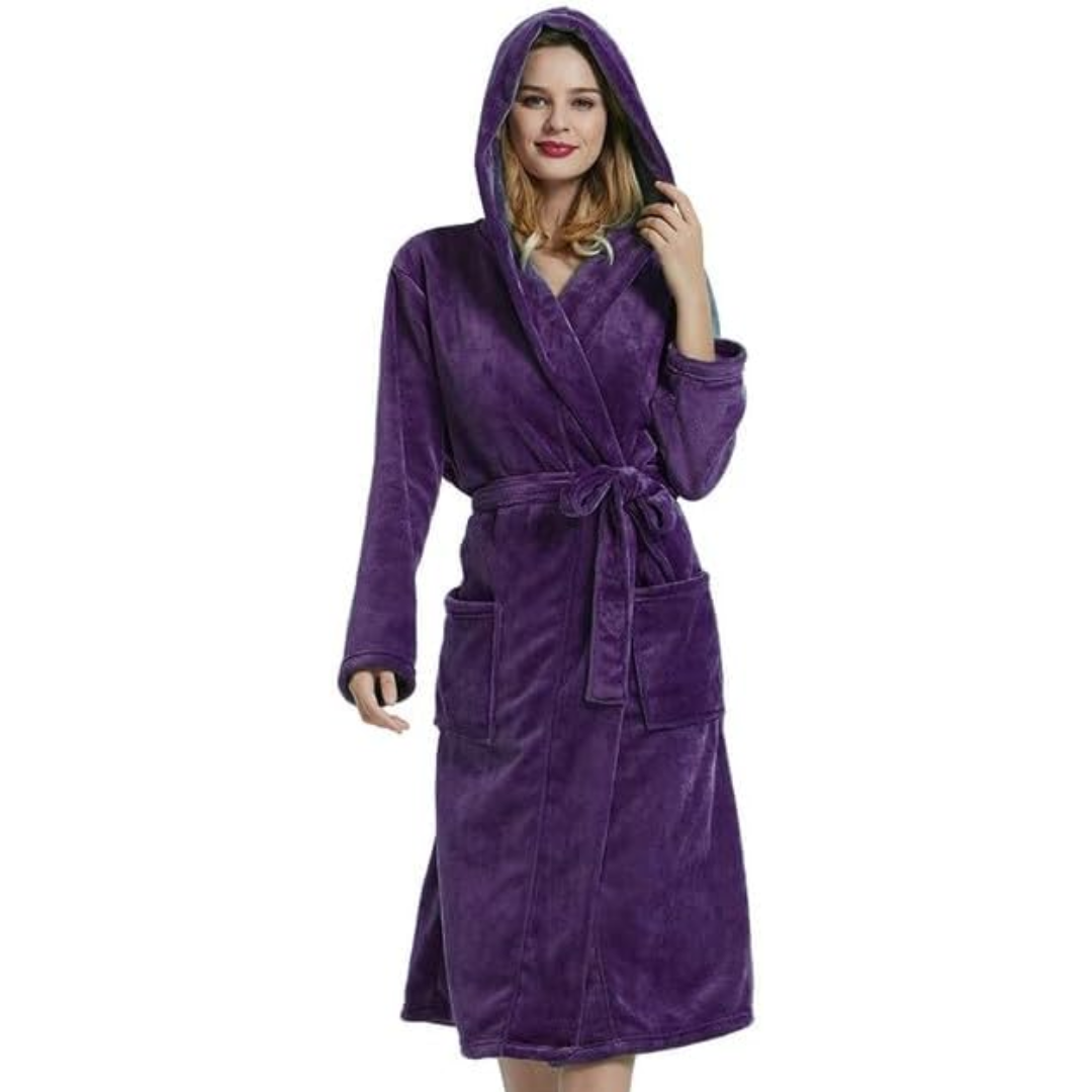 Cozy women's long fleece robe with hood, offering ultimate warmth and comfort for winter.