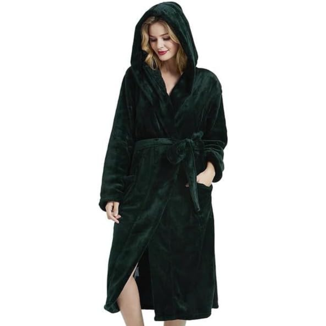 Gift for her: Plush fleece hooded bathrobe, soft loungewear for relaxation.