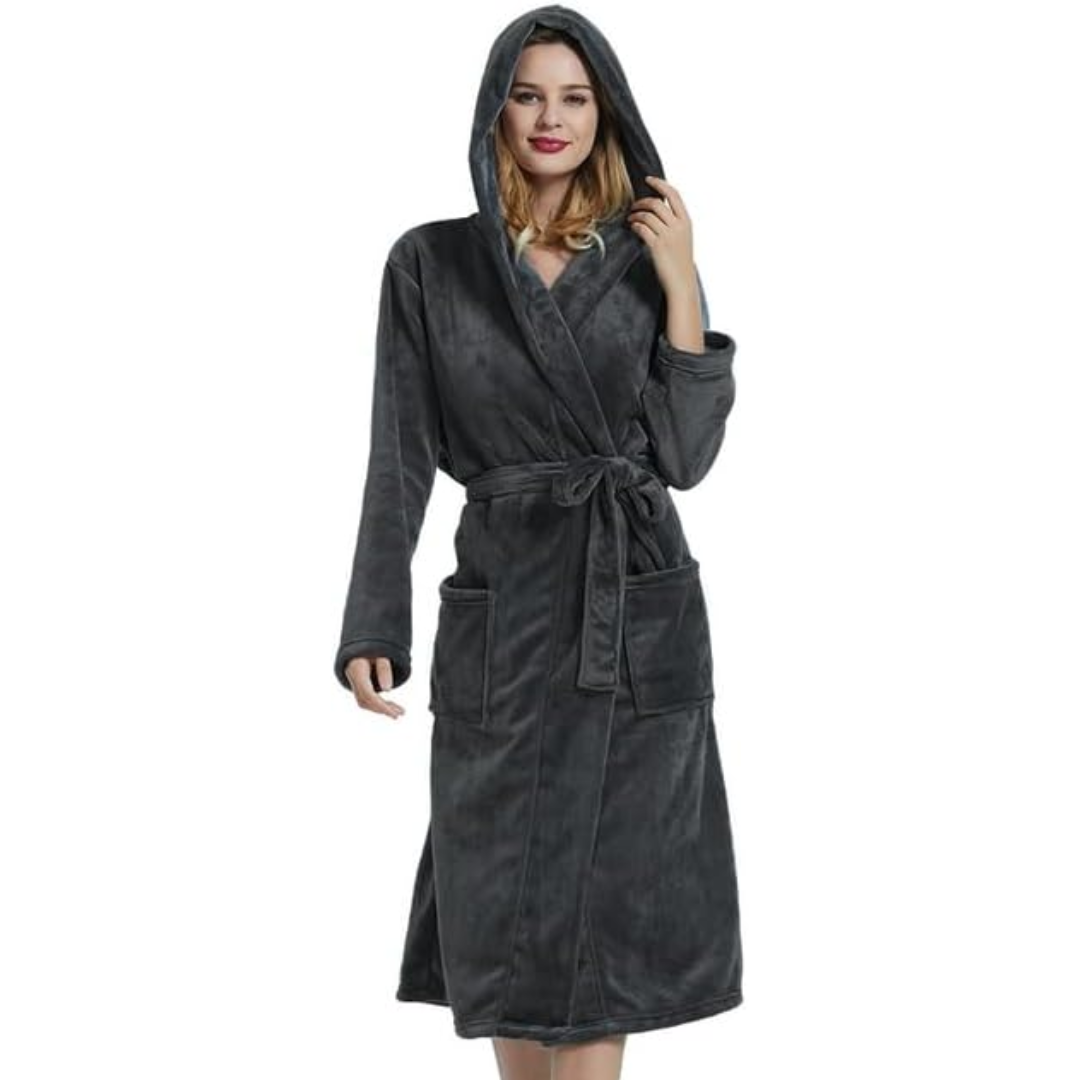 Warm women's hooded long robe, crafted from soft plush fleece for cozy comfort.