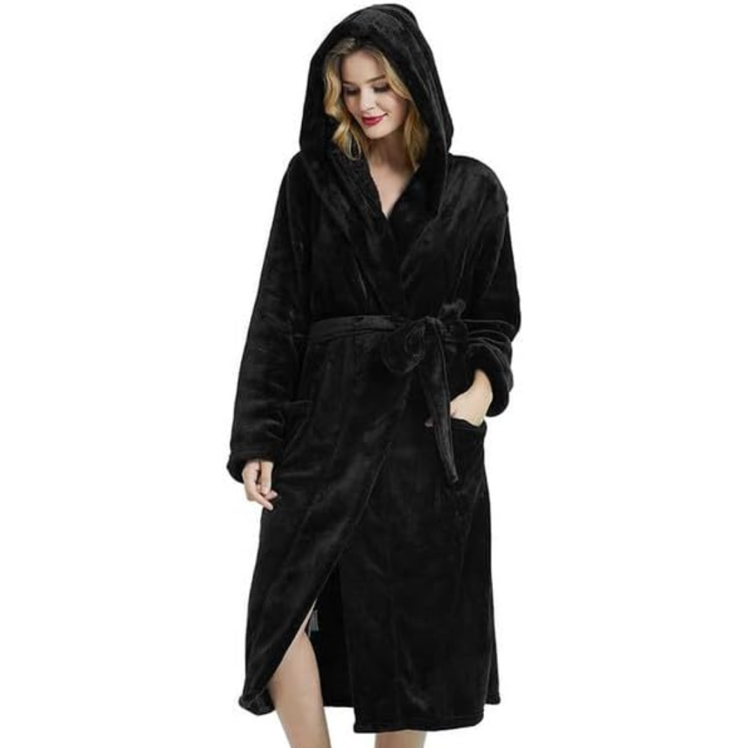 Elegant women's plush fleece hooded bathrobe, a stylish and comfortable loungewear piece.
