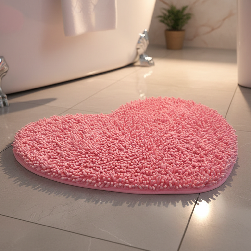 Plush heart-shaped bath mat for women's bathroom decor. Soft, absorbent chenille microfiber, non-slip.