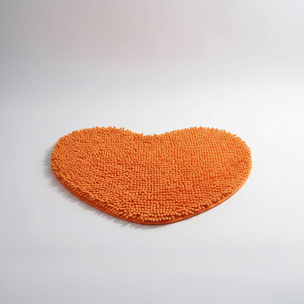 Orange plush chenille heart bath mat. Soft, absorbent, non-slip. Adds vibrant bathroom decor.