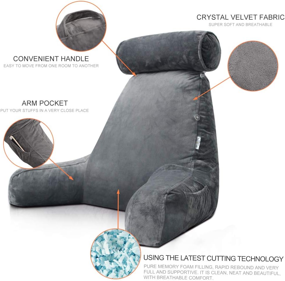 Cozy lounge pillow with arms, perfect for reading in bed. Memory foam comfort.