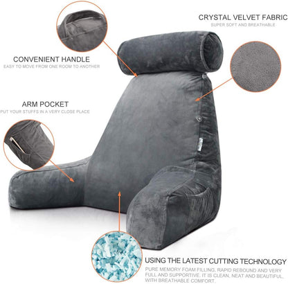 Cozy lounge pillow with arms, perfect for reading in bed. Memory foam comfort.