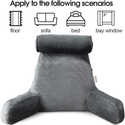 Supportive bed arm pillow in plush fabric, ideal for relaxation & reading.